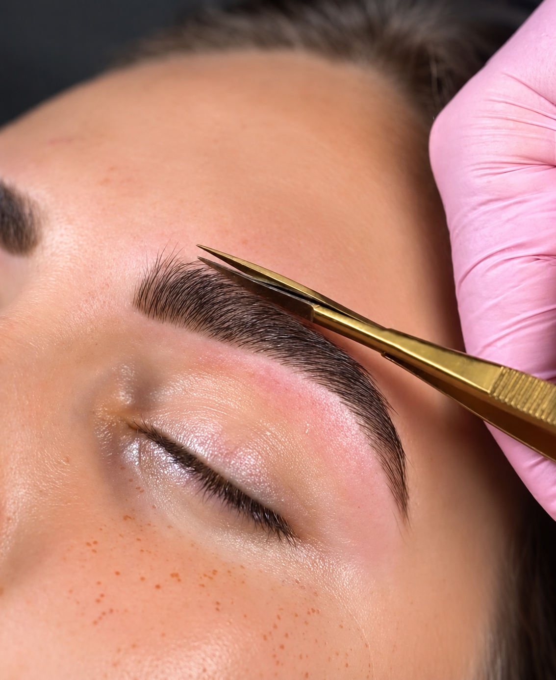 Brow trimmed into shape with gold spring scissors